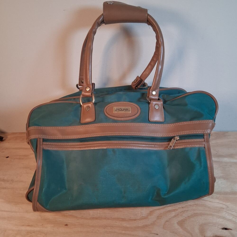 Vintage Jaguar Canvas Leather Duffle Bag Green Medium Large 90s Travel Luggage